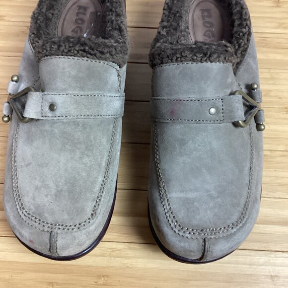 Klogs Womens Clogs Gray Suede Faux Fur Trim Slip On Wedge 11M - Picture 2 of 10